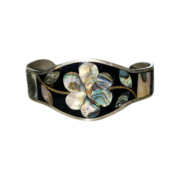 Floral Designed Onyx & Abalone Vintage Cuff Bracelet Made in Mexico - Picture 3 of 4